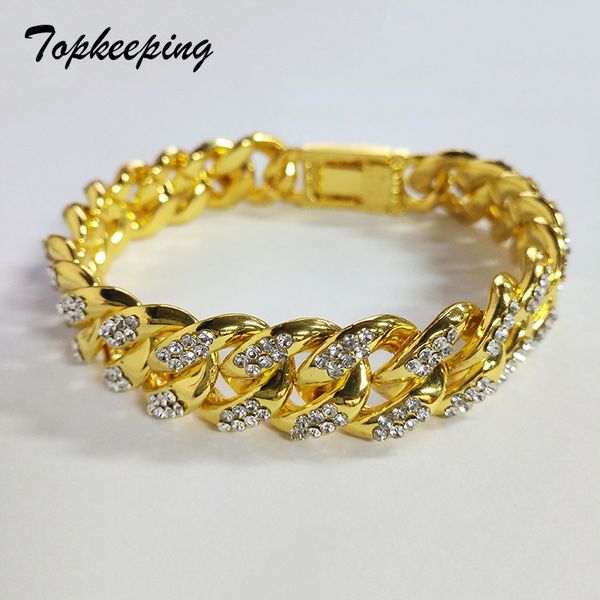 

mens jewelry gold color iced out rhinestone fashion bracelets & bangles miami cuban charm link chain bracelet for hip hop, Black