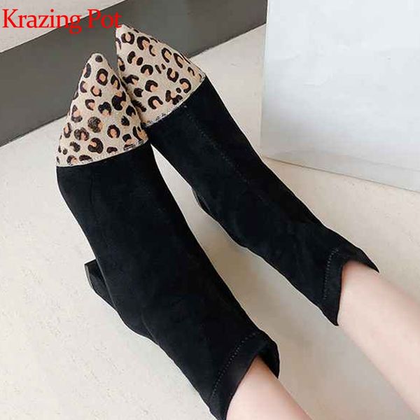 

krazing pot pointed toe mixed color leopard prints high heel stretch flock material leisure easy to walk beauty ankle boots l09, Black