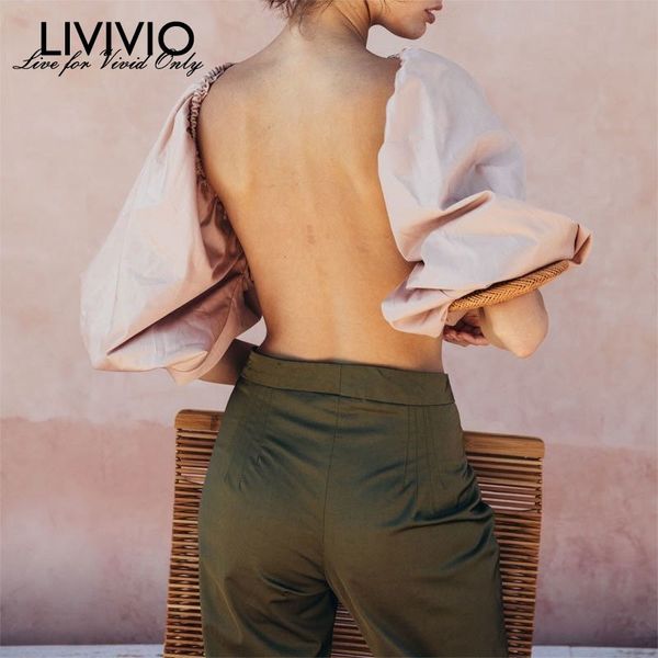 

livivio] backless short shirt female slash neck lantern sleeve large size crop blouse 2019 summer fashion clothing, White