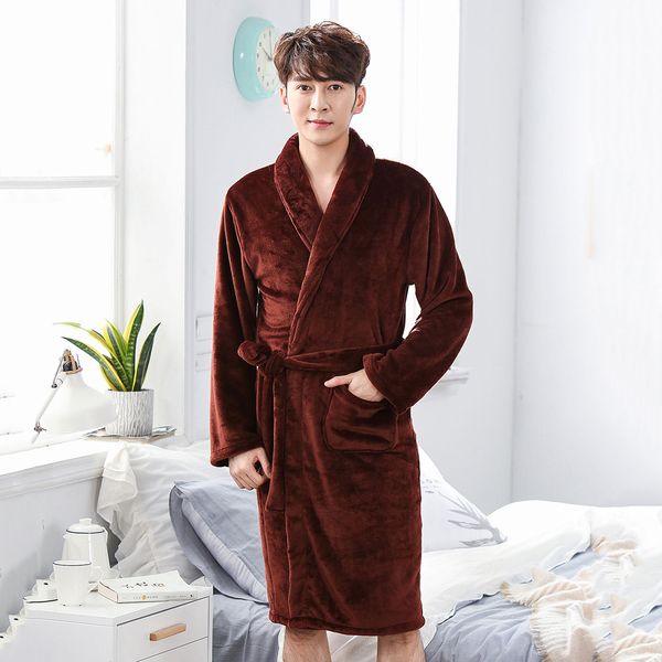 

thicken men winter warm komono bathrobe gown belt intimate lingerie full sleeve home dressing gown nightdress v-neck negligee, Black;brown