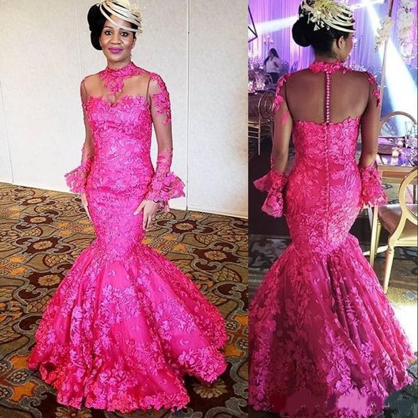 

2020 fuchsia evening dress mermaid high neck sheer long sleeves holiday wear pageant prom party gown custom made plus size, Black;red