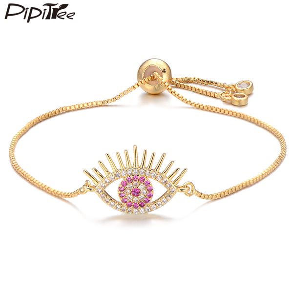 

pipitree popular white & pink cubic zirconia evil eye bracelet femme slider chain charm bracelets for women lady fashion jewelry, Golden;silver