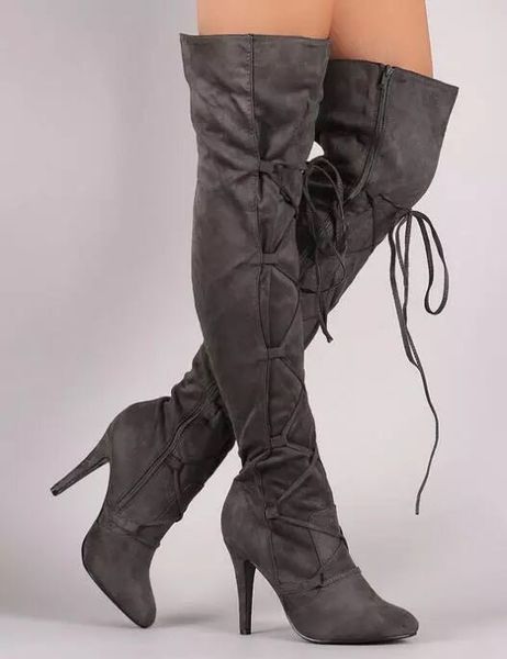 

2019 new leather women over the knee boots lace up high heels autumn woman shoes winter women boots size 35-43, Black