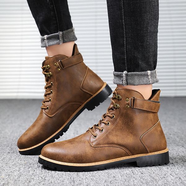 

waterproof anti-skid design men boots high leather causal shoes autumn winter retro work male safety tooling boots footwear, Black