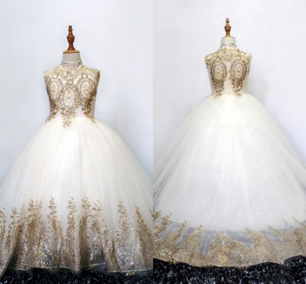 Bling Lantejoulas Lace Princesa vestidos da menina flor para casamento Colarinho alto frisada Pedrinhas Primeira Comunhão Vestidos Meninas Pageant Vestido