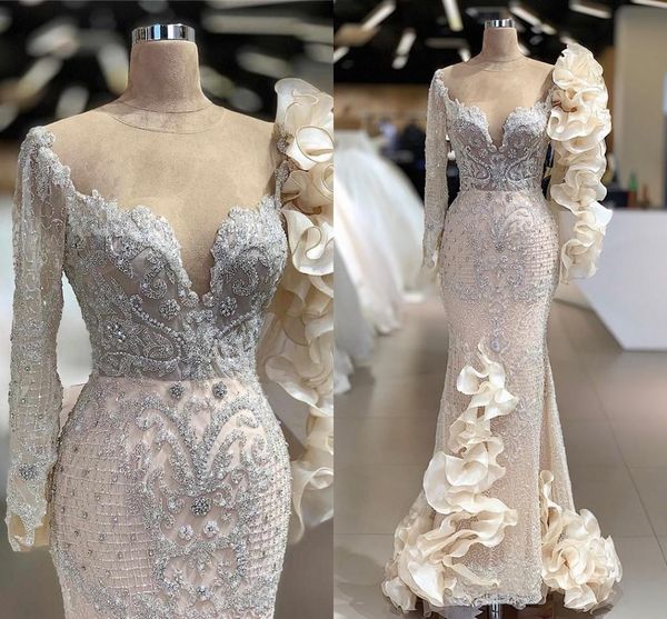 

light champagne mermaid evening dresses luxury lace appliqued long sleeves prom gown plus size arabic crystal beaded formal party dress, Black