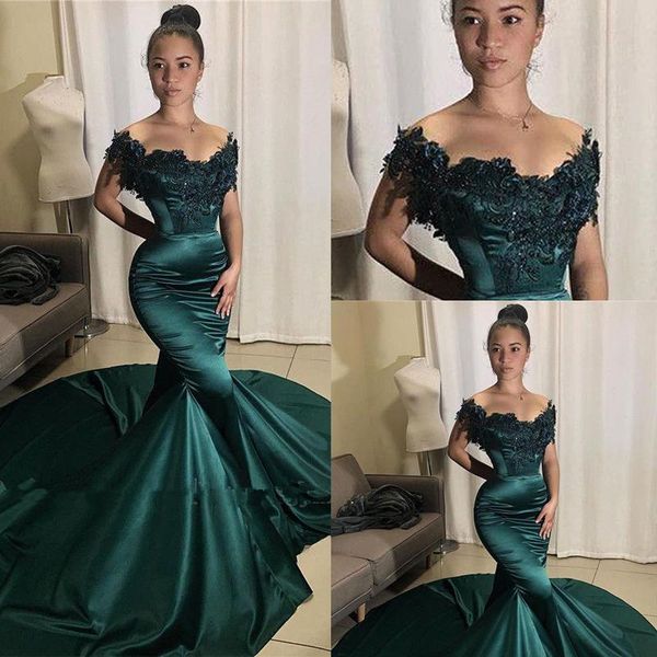 

2020 gorgeous appliques cap sleeves dark green prom dresses mermaid african girls evening gowns women formal long party dresses, Black;red