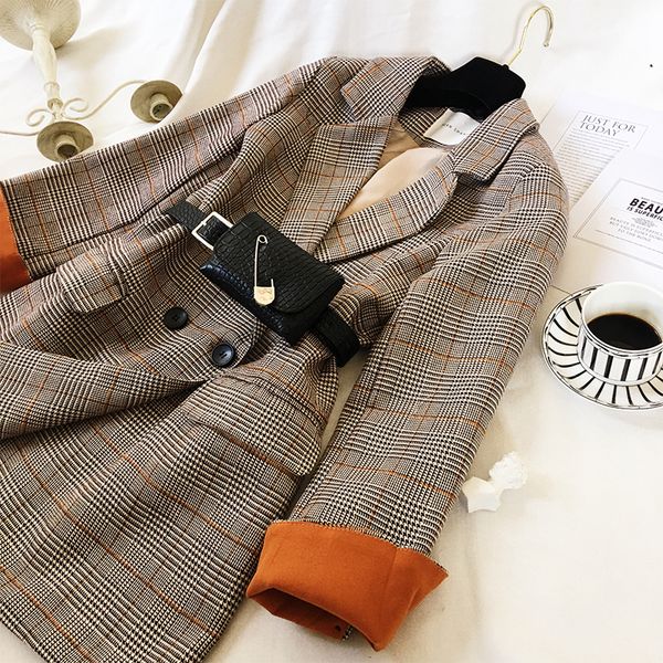 

plaid suit jacket womens autumn winter 2019 korean temperament fashion retro british style suit with waist bag blazer double, White;black