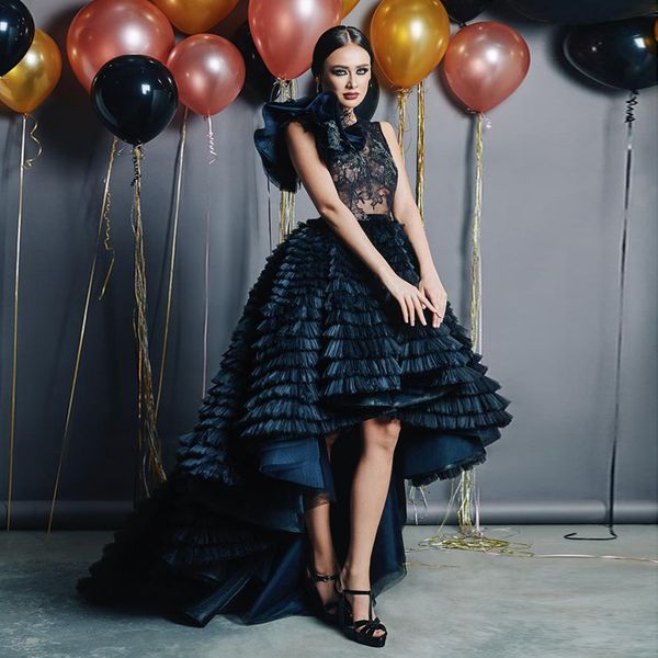 

black high low lace prom dresses jewel neck a line sleeveless tiered evening gowns plus size tulle pleated formal dress