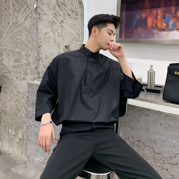 

men fashion loose casual short sleeve pullover shirts male japan harajuku streetwear hip hop black white party dress shirts, White;black