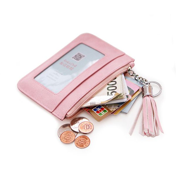 

solid zipper coin purse ladies pu leather tassel & metal ring clutch wallets women key thin key bag card holders mini pouch, Red;black