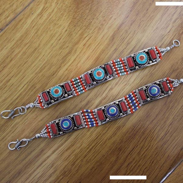 

br045 ethnic tibetan cuff bracelets for women copper inlaid colorful stone clasp bracelet nepal india jewelry, White