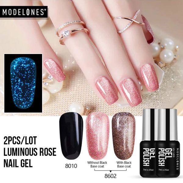 

modelones 2pcs/lot rose gold uv gel nail polish nail art set luminous glitter led gel painting polish fluorescence uv, Red;pink