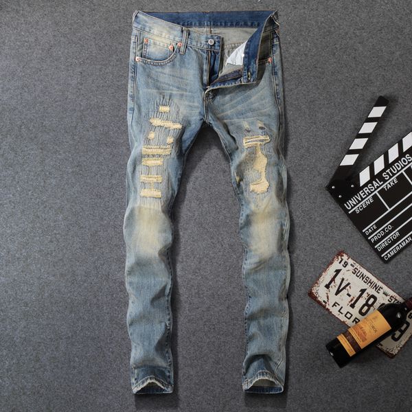 

japanese style fashion men jeans retro wash ripped jeans embroidery vintage denim pants hombre streetwear hip hop slim men, Blue
