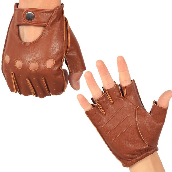 

genuine leather semi-finger gloves male thin unlined non-slip breathable driving goatskin half fingers men mittens nan7-2, Blue;gray
