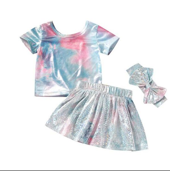 Set di abbigliamento per sirenetta per bambini Ragazze colorate T-shirt Gonne Bowknot Fascia per abiti Estate Top a maniche corte Mini abito Fascia per capelli Set CDYP684