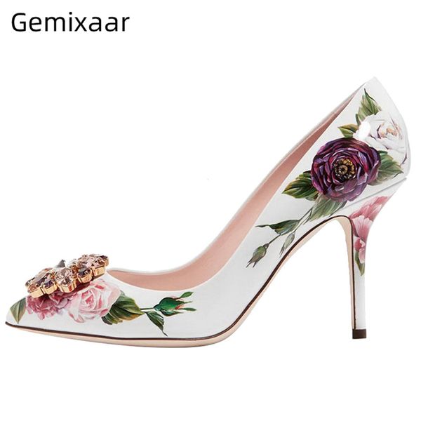 

printed rose genuine leather mary janes 10cm thin high heels pointed toe crystal flower buckle spring autumn women pumps, Black