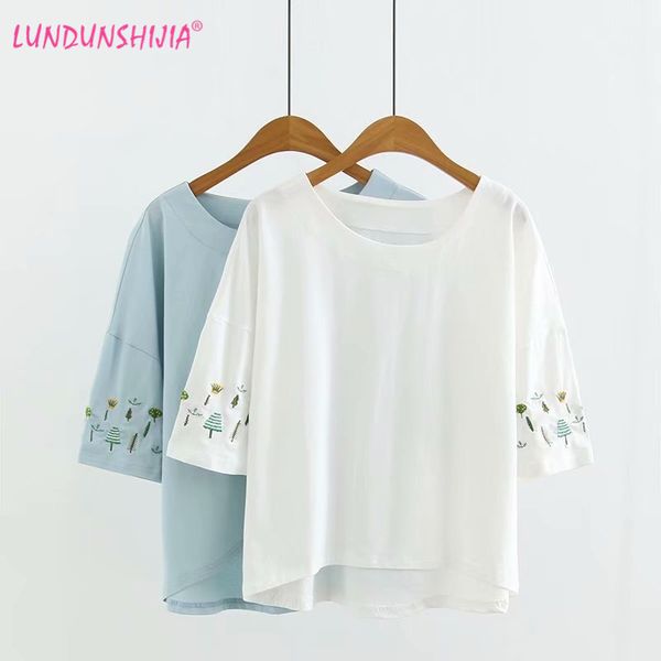 

lundunshijia new arrival 2019 summer short women t-shirts o-neck short sleeve loose forest embroidery tee, White