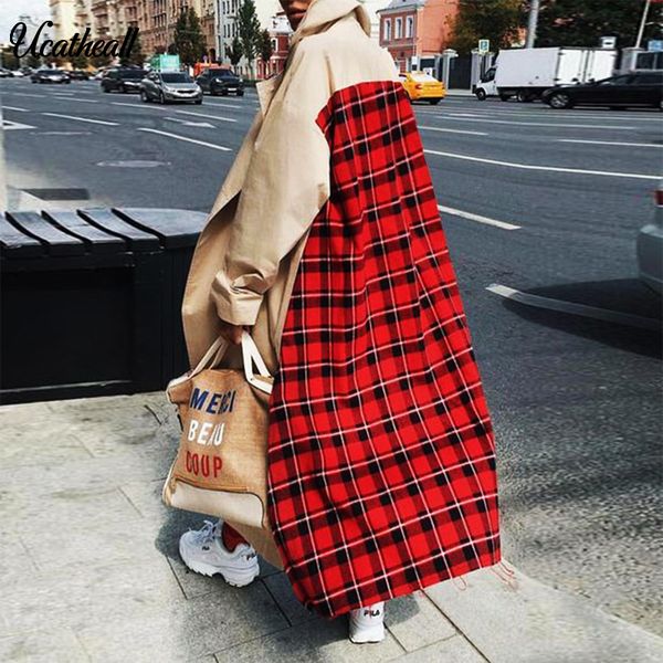 

autumn новых женщин вскользь пальто негабаритного vintage отворот плед пэчворк outwear сыпучих high street trench ветровка, Tan;black