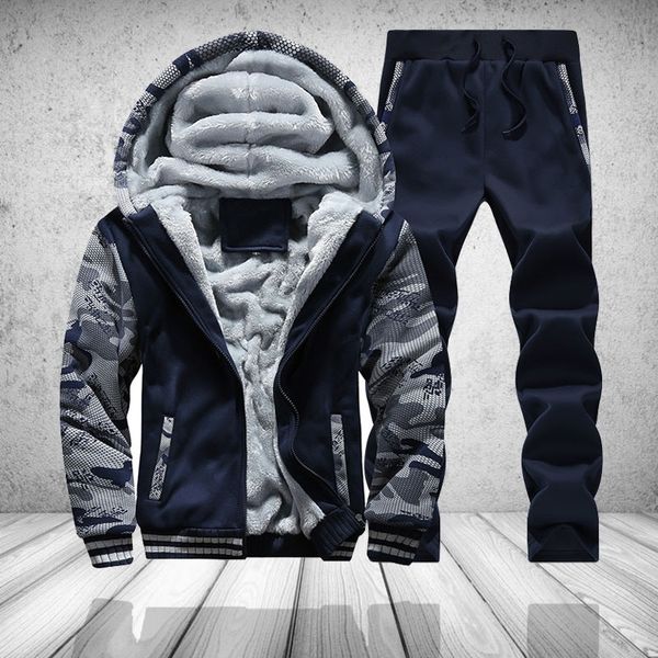 

fur fleece men camouflage set winter brand warm hooded hoodies 2019 jacket cardigan tracksuit male 2 pcs jacket+pants patchwork, Gray