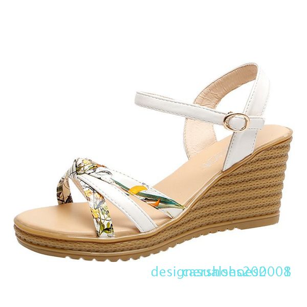 

summer new korean version of wedge heel fish mouth color matching print sliver sandals fashion women shoes d08, Black