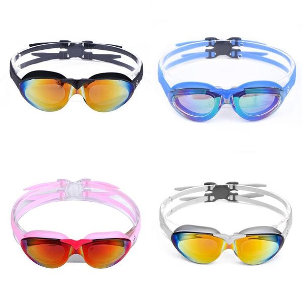 

woman plating swimming goggles anti-fog uv protection adjustable glasses