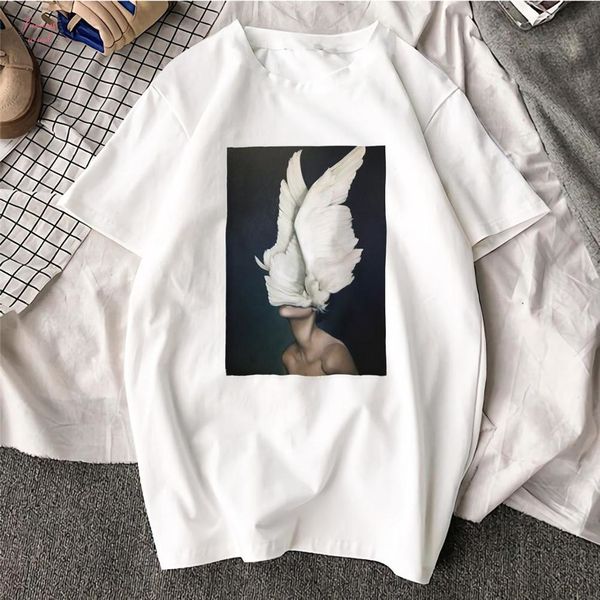

fashion short sleeve tshirt wings feather surreal artwork printed 100% cotton tees casual o neck t shirt tshirt, White