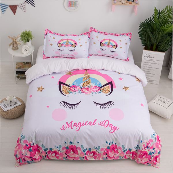 

unicorn 3d bed set милый мультфильм пододеяльник наволочка twin  king size дети девушки спальня покрывало домашний текстиль