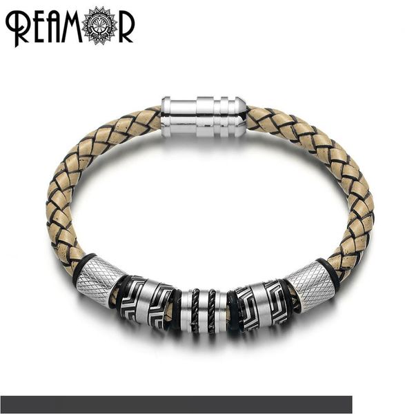 

reamor винтаж серый натуральная кожа плетеный браслет мужчины черный цвет нержавеющая сталь манжеты браслеты браслеты мужской подарок ювелир, Golden;silver