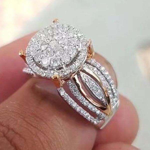

female trendy rose gold ring cubic zirconia micro pave setting banquet engagement ring for women, Golden;silver