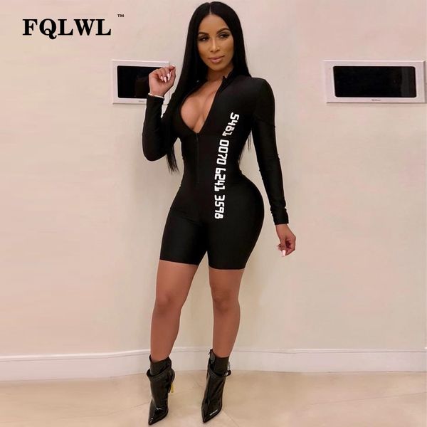 

fqlwl letter print bodycon rompers womens jumpsuit short v neck fitness long sleeve black female jumpsuit women playsuit, Black;white