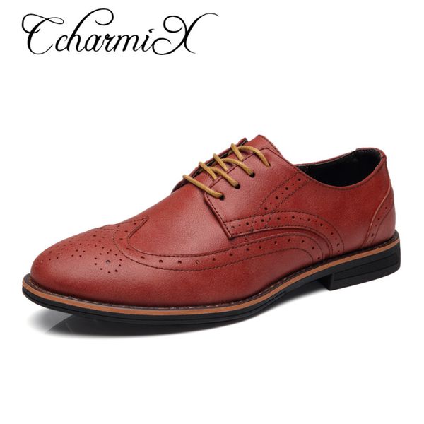 

ccharmix oxford shoes men lace up vintage men dress shoes fashion pointed toe leather men's business dress brogue shoe, Black