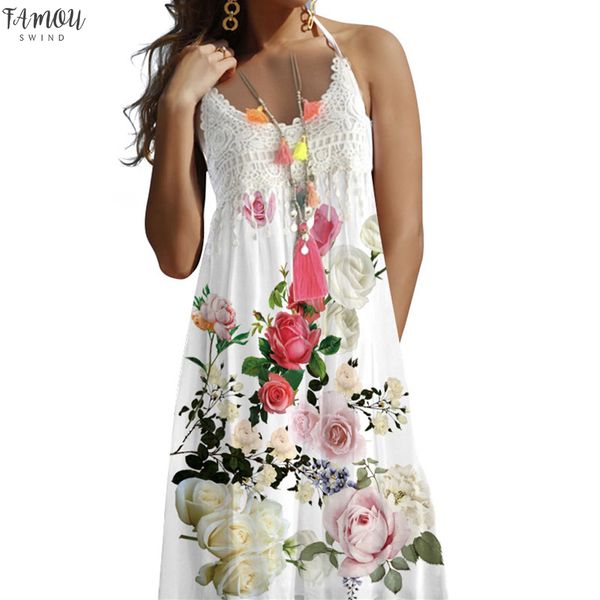 

women summer spaghetti strap dresses vintage boho summer dress 2020 lace sleeveless knee-length beach printed midi dress, Black;gray