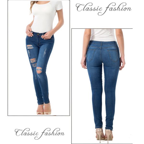 

2019 tight pencil jeans women basic classic high waist skinny pencil blue denim pants zippers ripped hole stretch jeans women