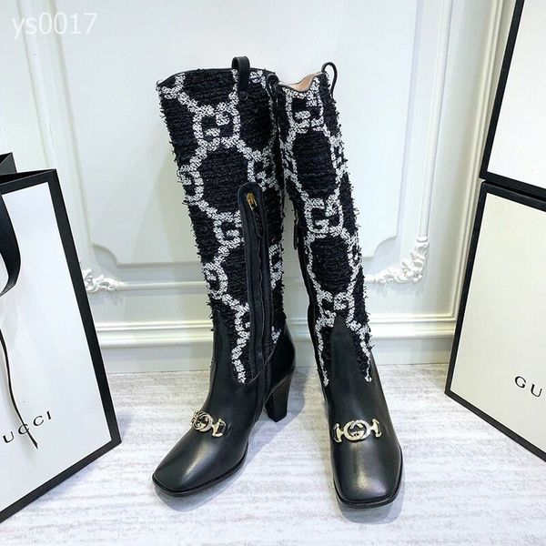 

2019 autumn and winter british wind leisure boots high-heeled women's boots side zipper colorblock stripe thick with ms. knight boots, Black