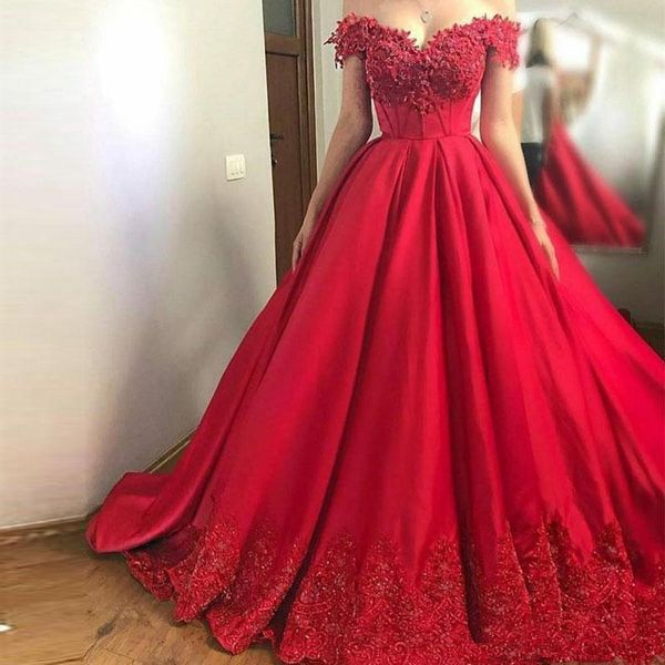 2020 Abito da ballo rosso Puffy Abiti Quinceanera Prom Party Senza spalline Applicazioni di perline Abiti da spettacolo per ragazze Abiti dolci 16 QC1492