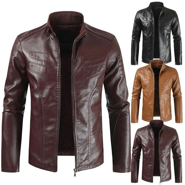 

2019 new fashion autumn male leather jacket plus size 3xl black brown mens stand collar coats leather biker jackets