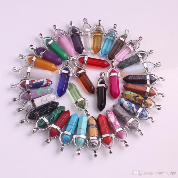 

bullet quartz point pendant necklace hexagonal prism crystal agate turquoise lava rock natural stone charm stainless steel chain jewelry, Silver