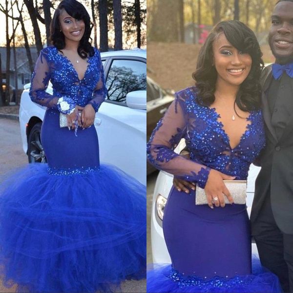 

2019 черные девушки сексуальные королевские синие платья выпускного вечера прозрачные аппликации с длинным рукавом бусины русалка v-образным, Black