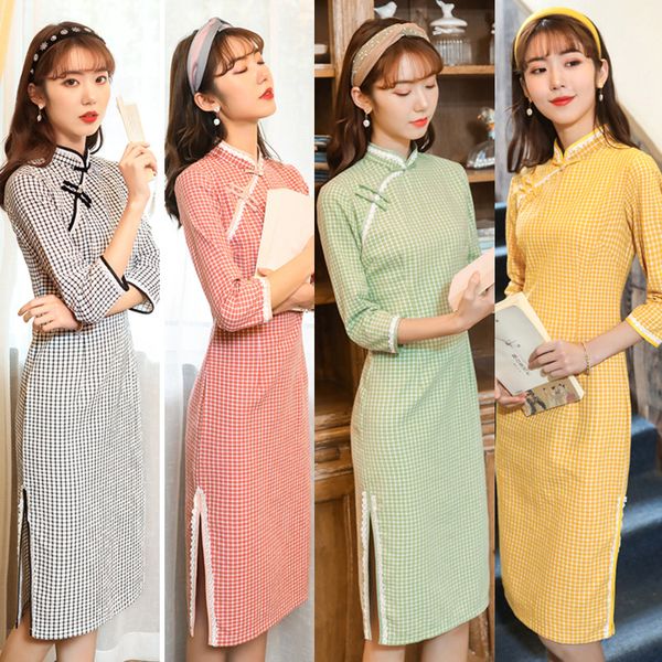 

винтажная девушка плед cheongsam элегантный три четверти рукав хлопок белье cheongsam традиционный мандарин воротник qipao, Red
