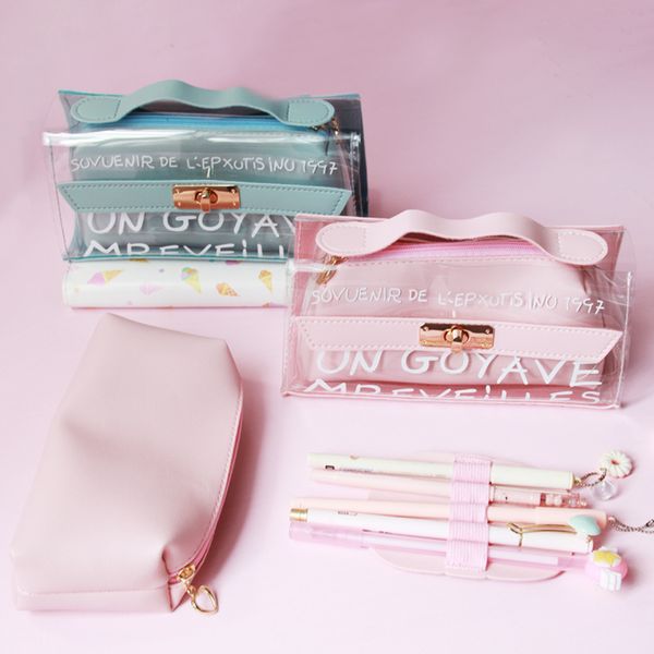 

pencil case transparent high capacity double bag cute stationery storage pen holder pensil case makeup bag school supplies gift