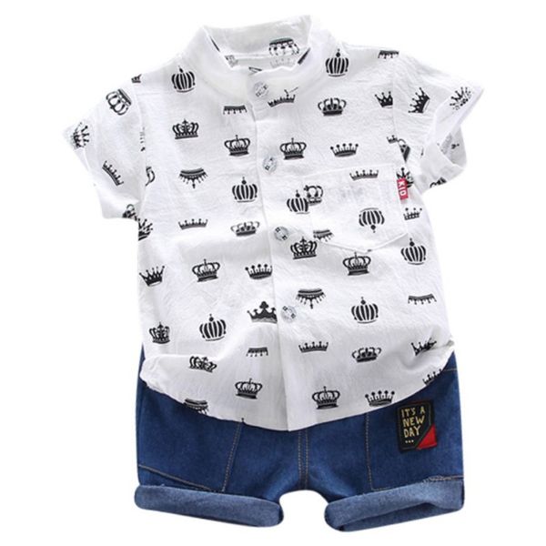 

summer toddler baby boy clothes cute crown print shirt short pants 2pcs outfits sunsuit boy clothes, White