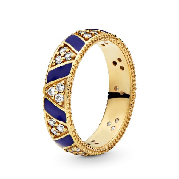 

925 sterling silver blue stripes & stones ring luxury designer jewelry women 18k gold plated cz diamond enamel band rings with pandora box