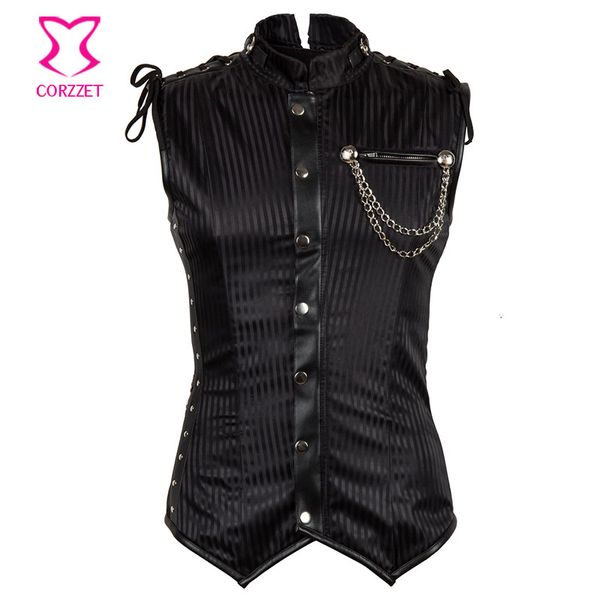 

corzzet mens steampunk corset black striped stand collar sleeveless vest waist trainer gthic men corset jakect plus size 6xl, Black;brown