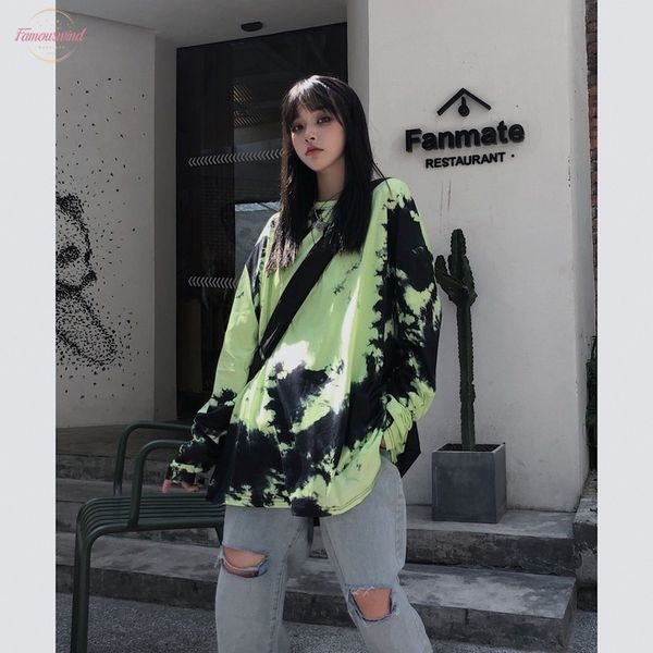 

spring clothing korean version ins original solid night style street department tie dye gradual change long sleeve t shirt student loo, White