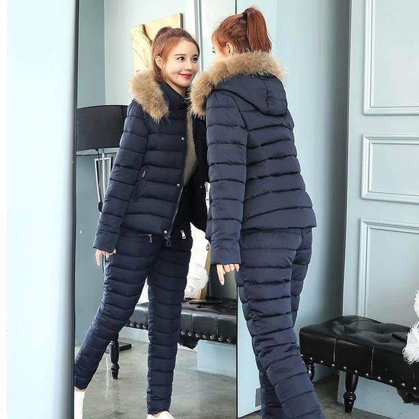 

tracksuit women winter faux fur collar hooded jacket coat+pants suits female causal warm thick down cotton 2 piece sets, White