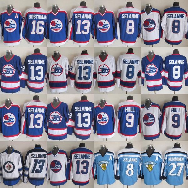 

9 Bobby Hull Winnipeg Jets Hockey Jerseys 8 Selanne 13 Teemu Selanne 16 Laurie Boschman 27 Teppo Numminen Dale Hawerchuk White ice Jersey