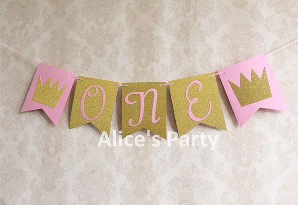 

new gorgeous pink gold theme girl 1st birthday party decoration art one crown banner sign highchair bunting flag p shoot