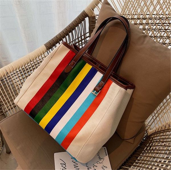 

rainbow stripe canvas bag tote bag large capacity handbag #ph-cfy2003193