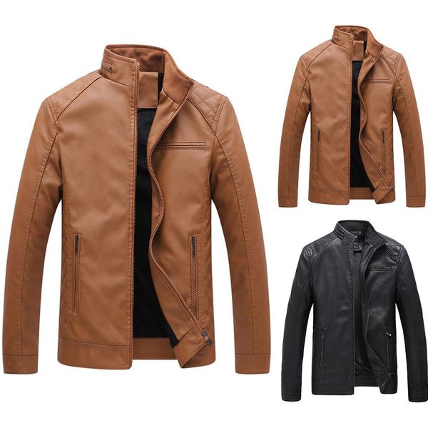 

2019 fashion business plus size winter men jacket coat faux leather jacket stand collar zipper motorcycle coat outwear, Black;brown